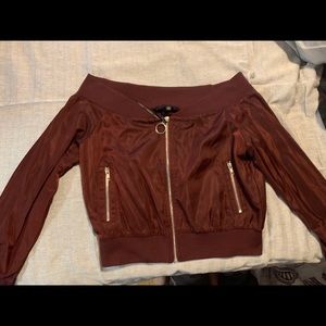 Dance & marvel off the shoulder maroon crop jacket